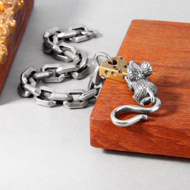 Mouse & Cheese Link Bracelet – Vintage Silver Chain