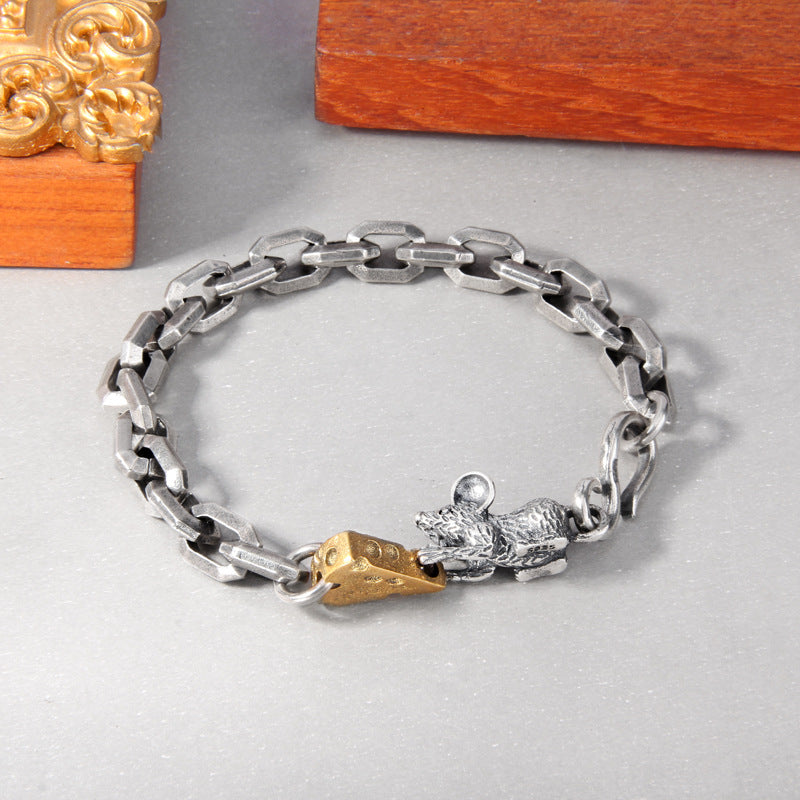 Mouse & Cheese Link Bracelet – Vintage Silver Chain