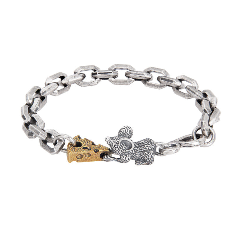 Mouse & Cheese Link Bracelet – Vintage Silver Chain