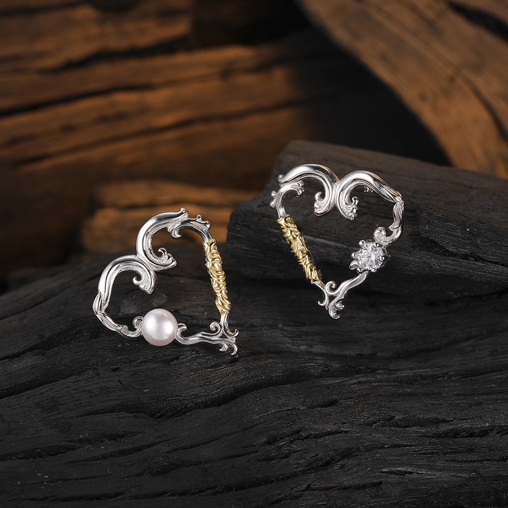 Elegant 925 Silver Heart Earrings with Zirconia & Freshwater Pearl