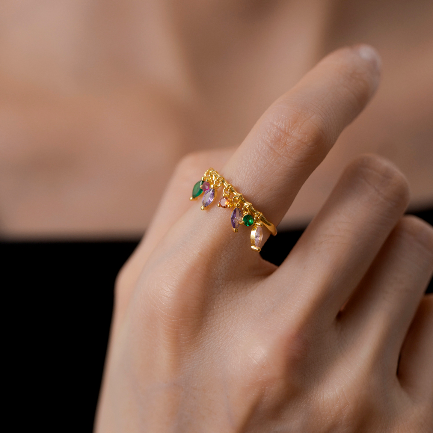 Dangle Charm Ring | 925 Sterling Silver & Multi-Gemstone Crystals