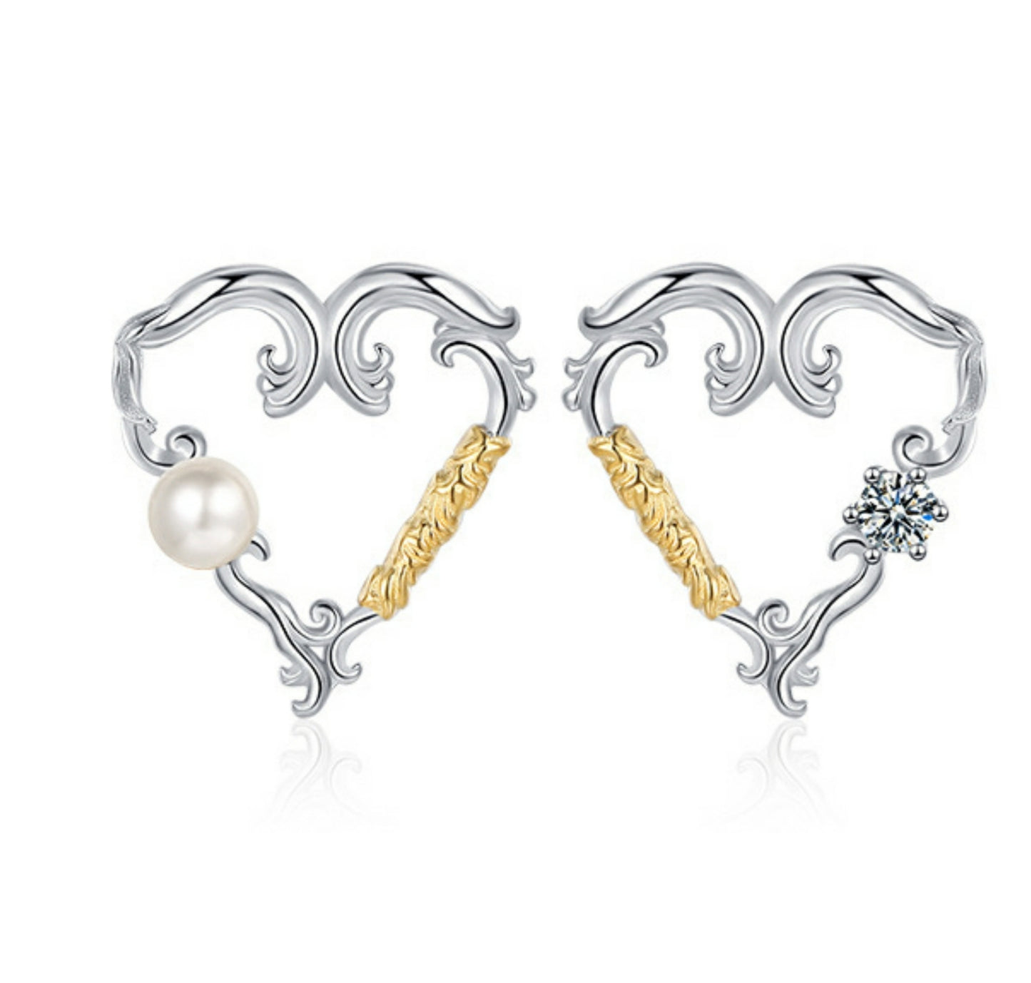 Elegant 925 Silver Heart Earrings with Zirconia & Freshwater Pearl