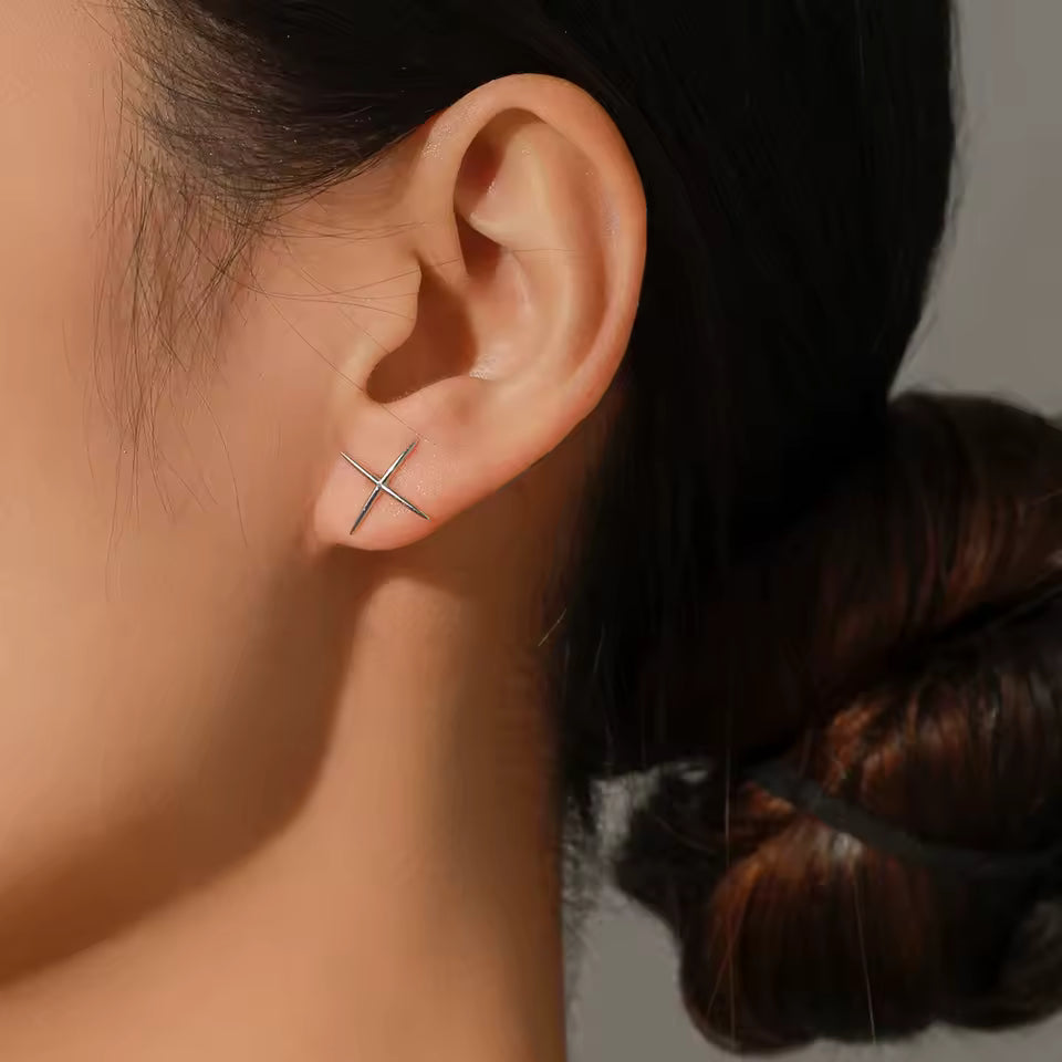 Minimalist Stellar Cross Stud Earrings - Geometric X-Shape Studs in Gold & Silver
