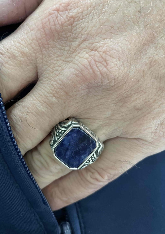 Bold Men's Sterling Silver Ring with Octagon Sodalite – 925 Solid Silver Statement Ring