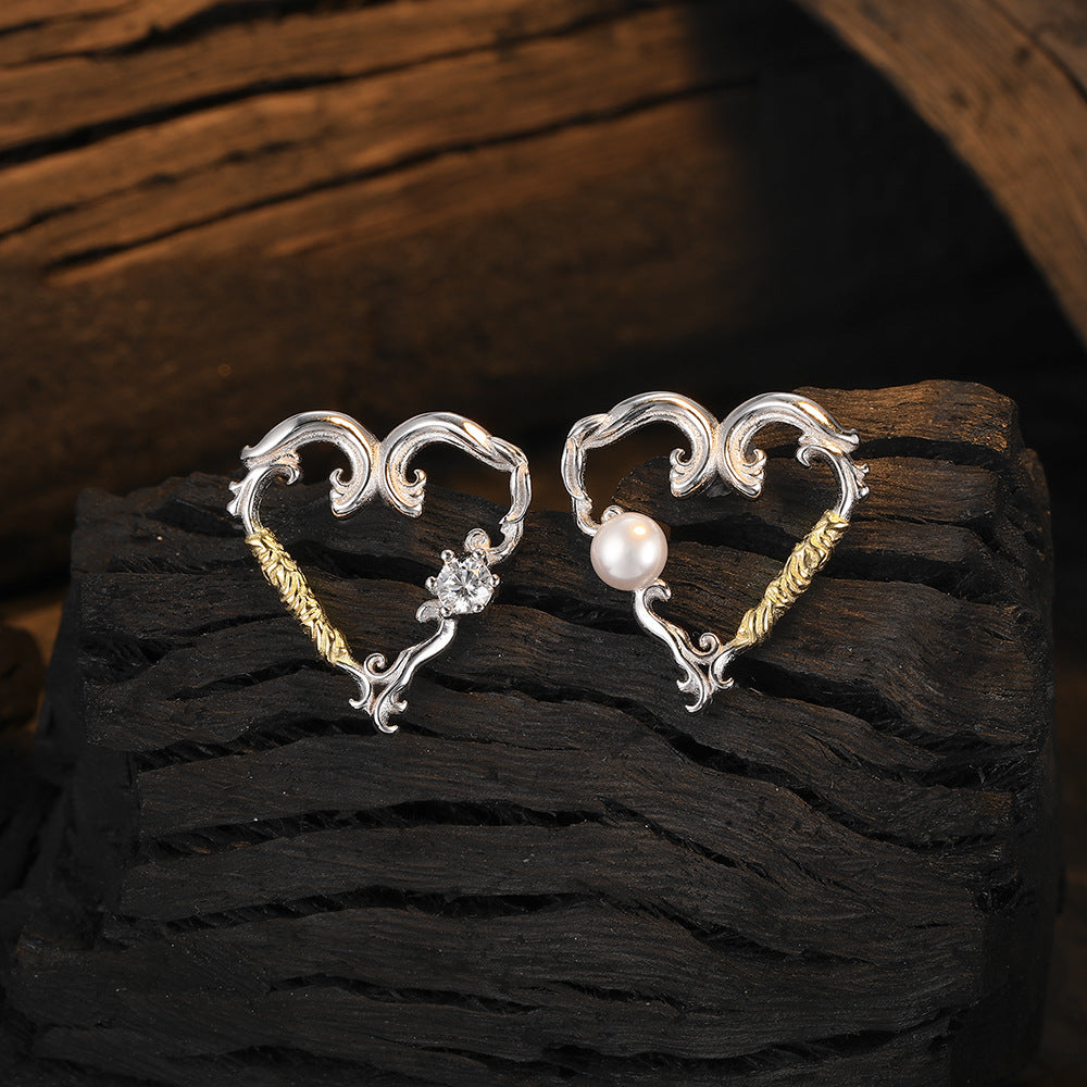 Elegant 925 Silver Heart Earrings with Zirconia & Freshwater Pearl