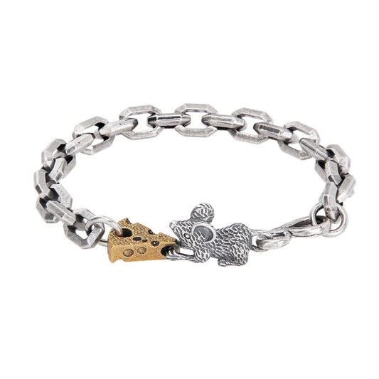 Mouse & Cheese Link Bracelet – Vintage Silver Chain