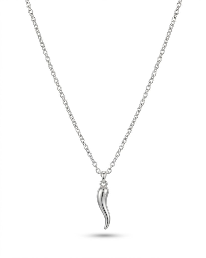 Sterling Silver Italian Horn Necklace – Small Smooth Cornicello Pendant with Fine Silver Chain