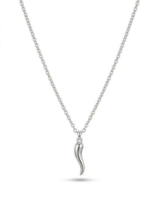 Sterling Silver Italian Horn Necklace – Small Smooth Cornicello Pendant with Fine Silver Chain