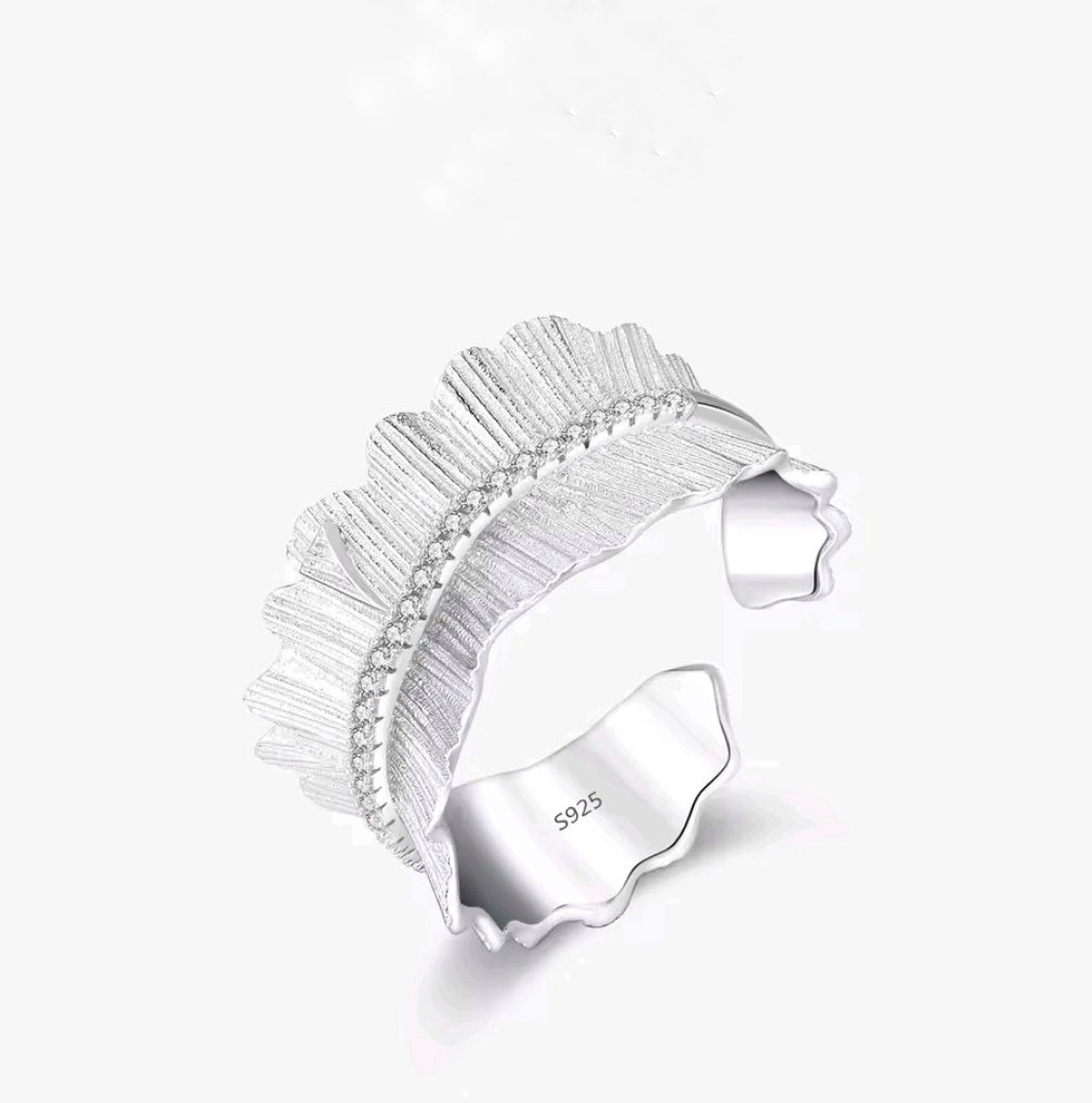 S925 Sterling Silver Pleated Fan Ring – Zirconia Ribbon Adjustable Band