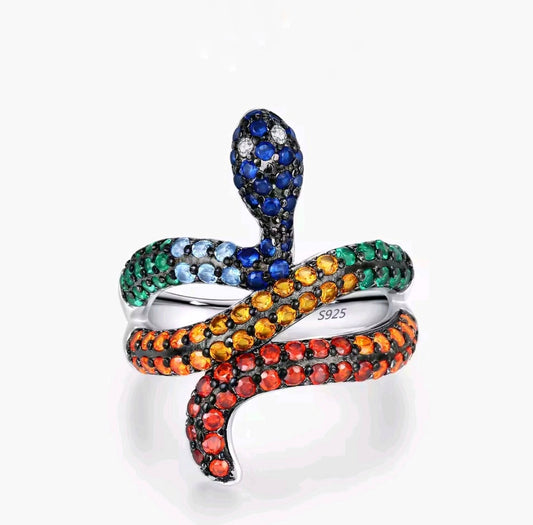 S925 Sterling Silver Rainbow Serpent Ring – Multi-Color Zirconia Snake Statement Band