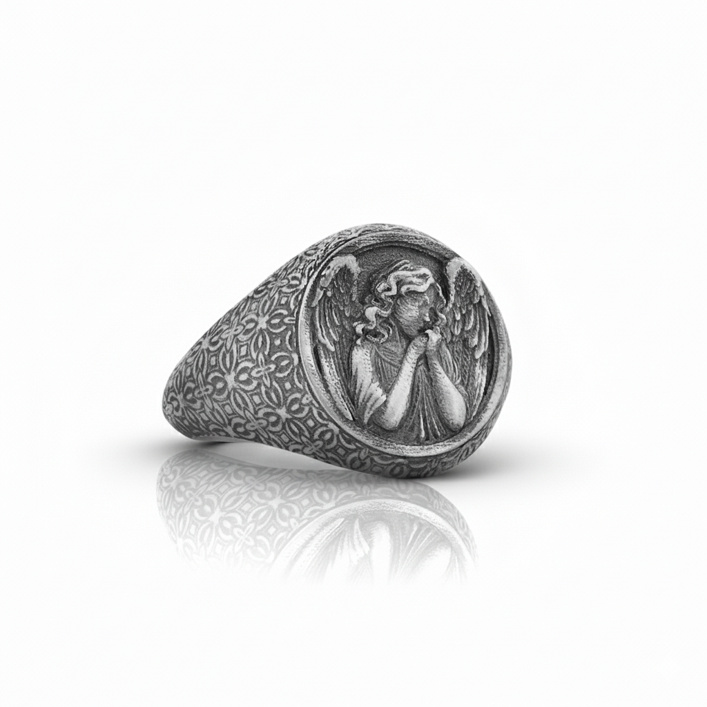 Guardian Angel Signet Ring | Oxidized 925 Sterling Silver Chevalier Band
