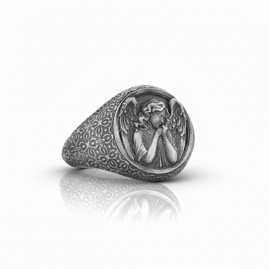 Guardian Angel Signet Ring | Oxidized 925 Sterling Silver Chevalier Band