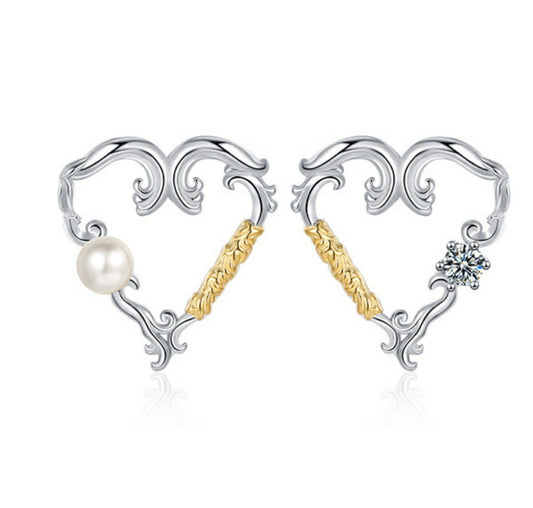 Elegant 925 Silver Heart Earrings with Zirconia & Freshwater Pearl