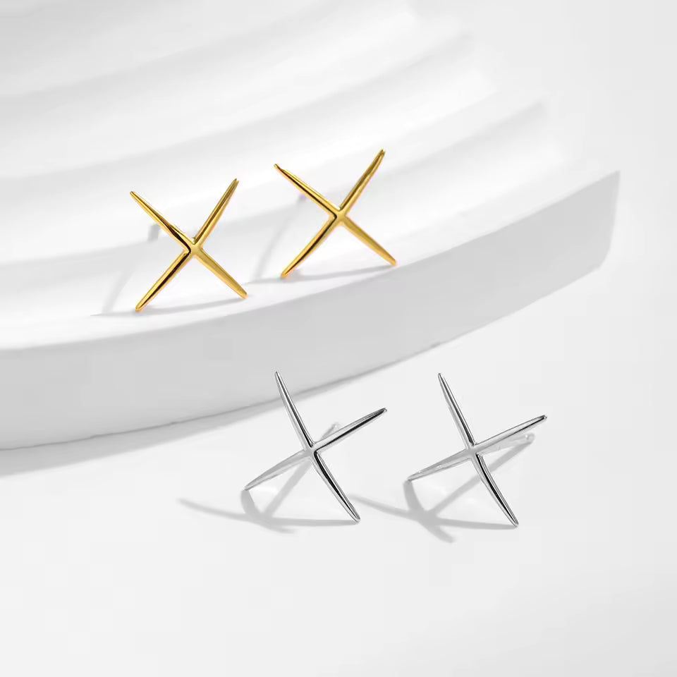 Minimalist Stellar Cross Stud Earrings - Geometric X-Shape Studs in Gold & Silver