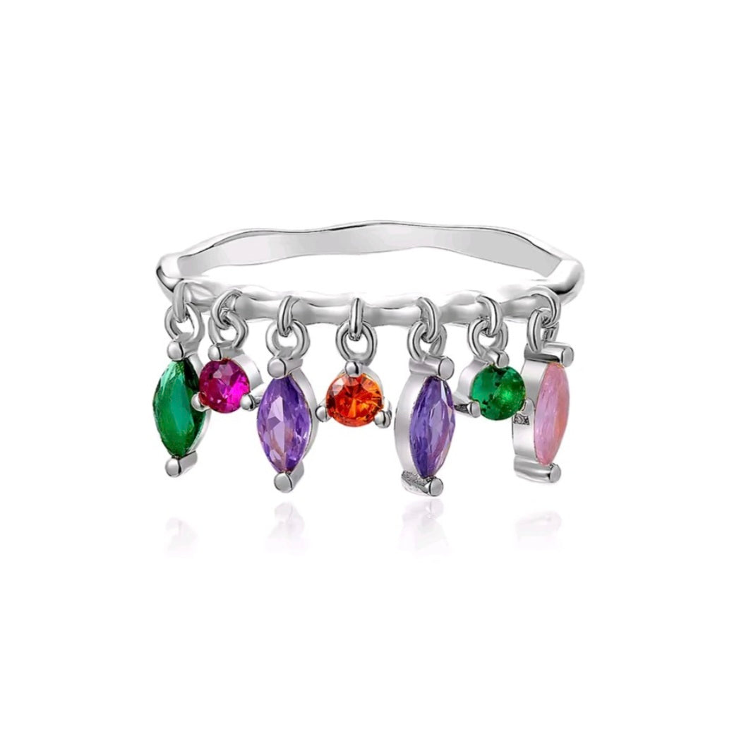 Dangle Charm Ring | 925 Sterling Silver & Multi-Gemstone Crystals