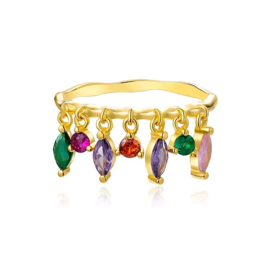 Dangle Charm Ring | 925 Sterling Silver & Multi-Gemstone Crystals