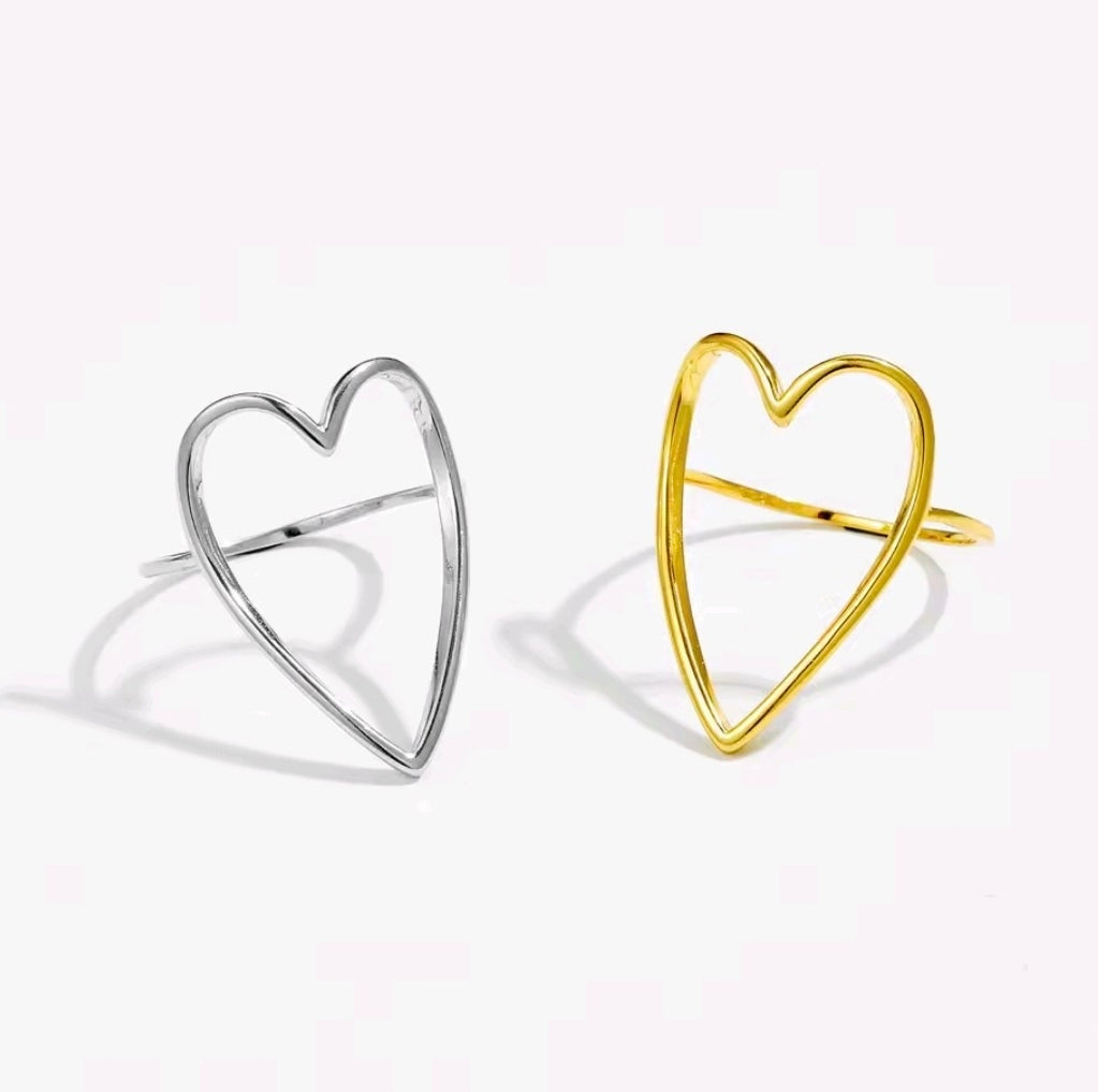 Handmade Italian 925 Sterling Silver Open Heart Outline Ring – Minimalist Dainty Heart Ring in Silver & Gold Plated