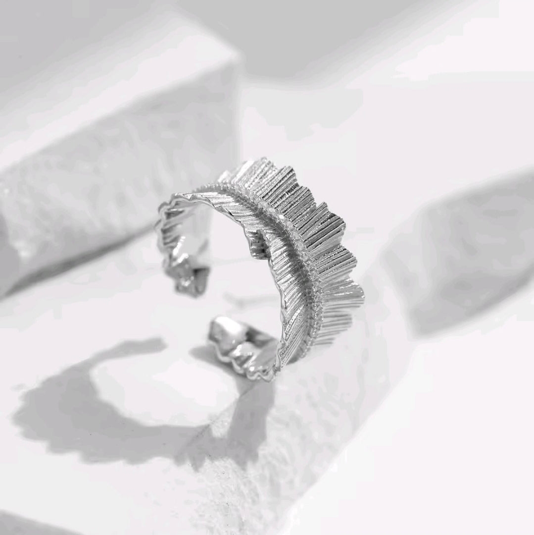 S925 Sterling Silver Pleated Fan Ring – Zirconia Ribbon Adjustable Band