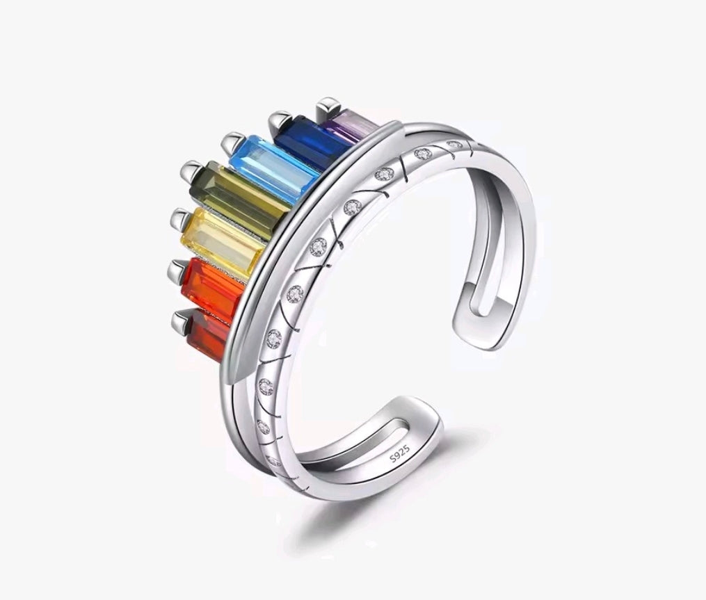 S925 Sterling Silver Rainbow Baguette Adjustable Ring – Multi-Color Zirconia