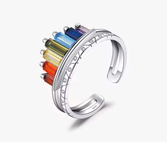 S925 Sterling Silver Rainbow Baguette Adjustable Ring – Multi-Color Zirconia