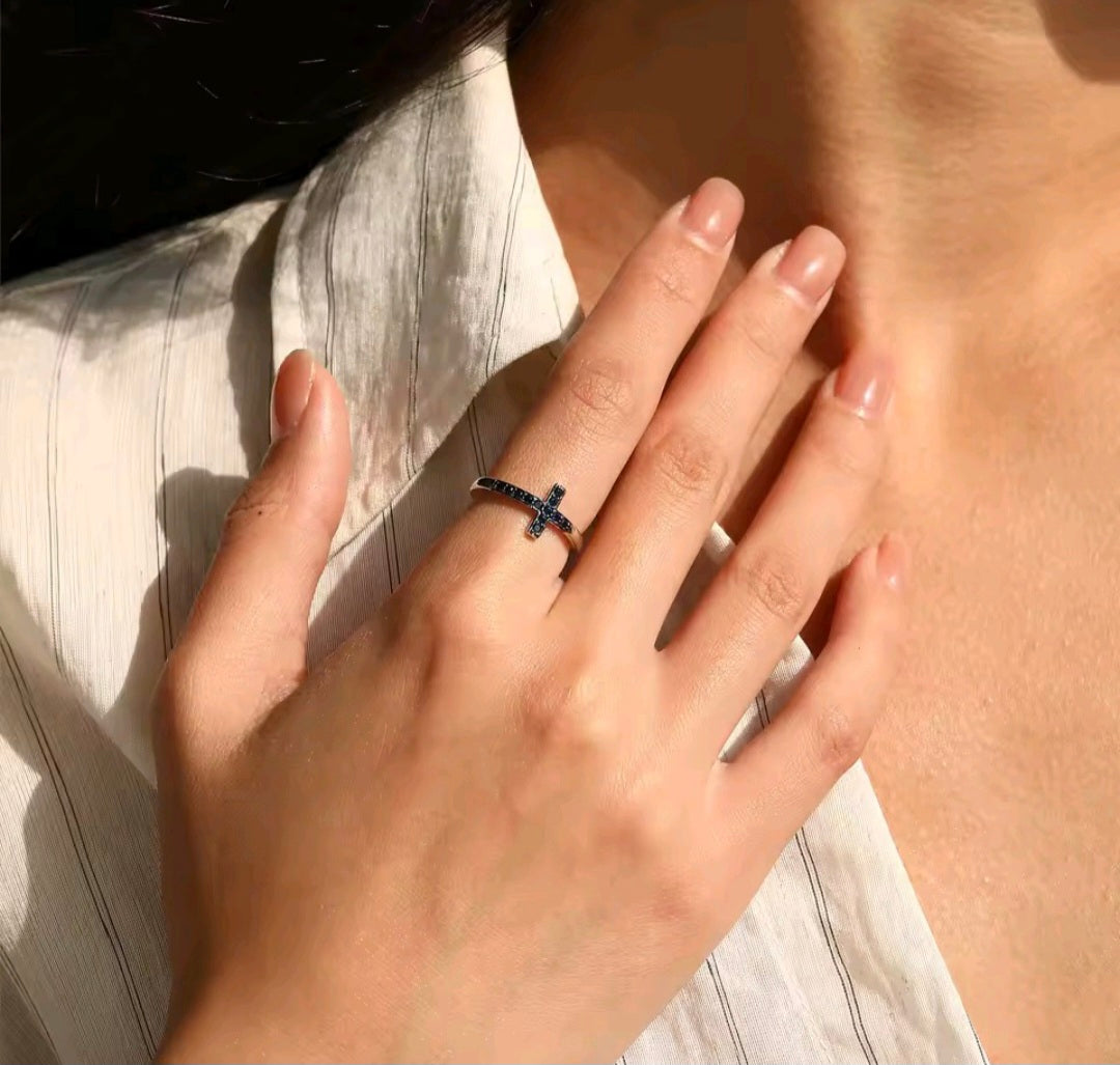 S925 Sterling Silver Blue Zirconia Sideways Cross Ring