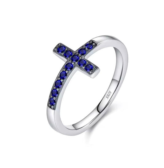 S925 Sterling Silver Blue Zirconia Sideways Cross Ring