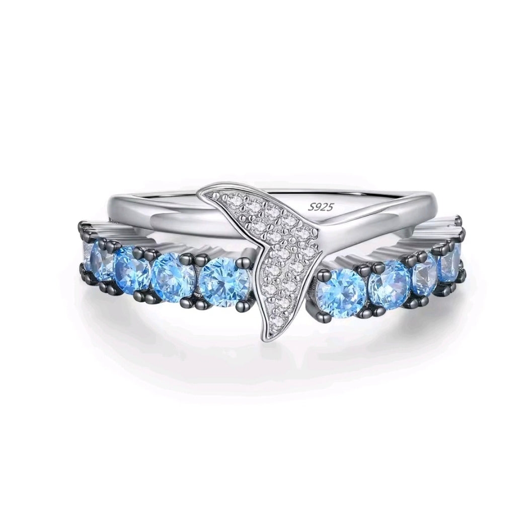 S925 Sterling Silver Siren's Tale Ring – Aquamarine Blue Zirconia Mermaid Tail Band