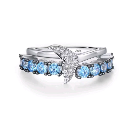 S925 Sterling Silver Siren's Tale Ring – Aquamarine Blue Zirconia Mermaid Tail Band