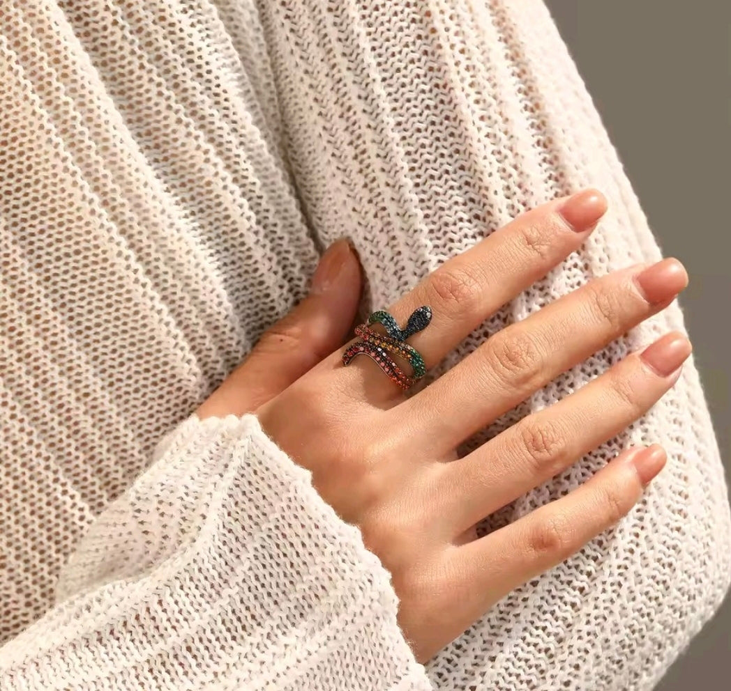 S925 Sterling Silver Rainbow Serpent Ring – Multi-Color Zirconia Snake Statement Band
