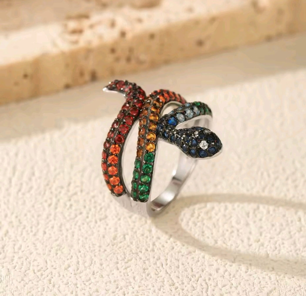 S925 Sterling Silver Rainbow Serpent Ring – Multi-Color Zirconia Snake Statement Band