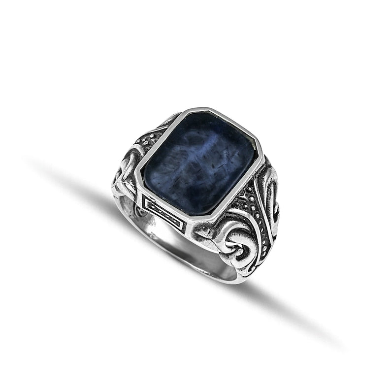 Bold Men's Sterling Silver Ring with Octagon Sodalite – 925 Solid Silver Statement Ring