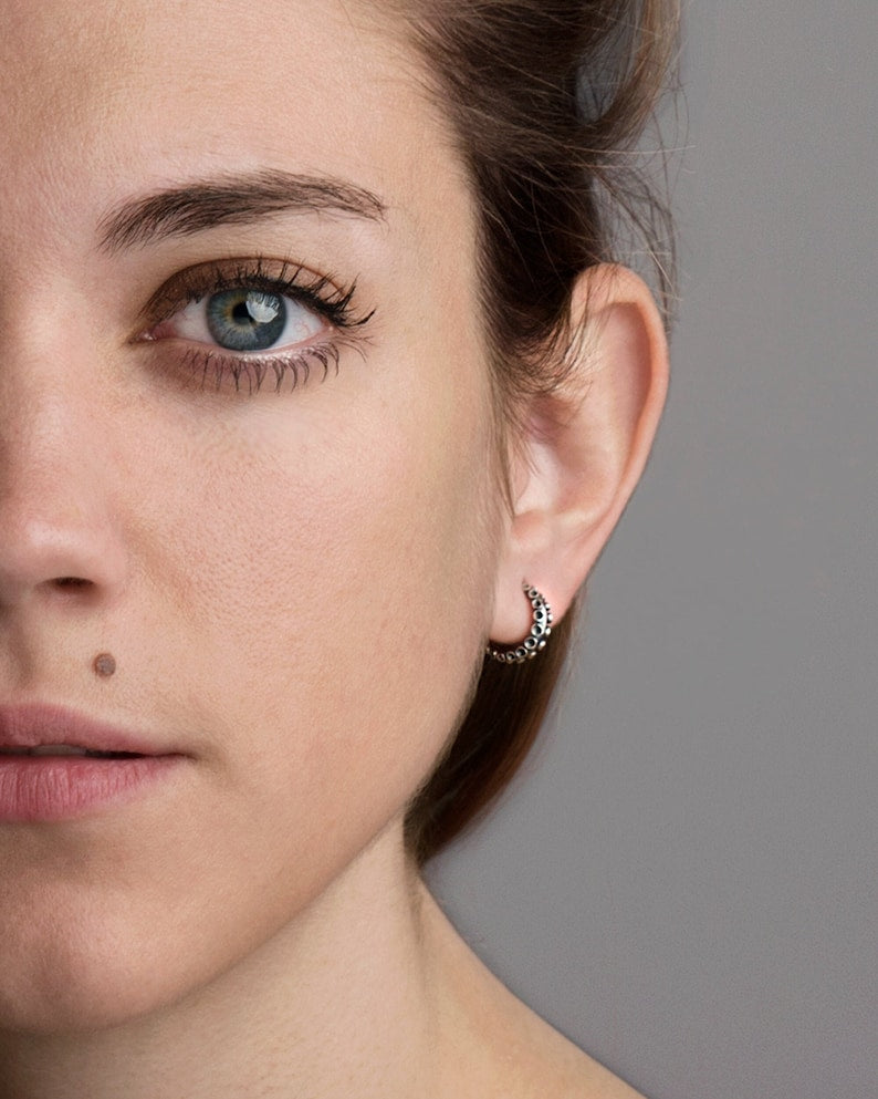 925 Sterling Silver Octopus Tentacle Hoop Earrings, Kraken Nautical Jewelry, Goth Punk Marine Studs, Unique Sea Life Gift for Her/Him