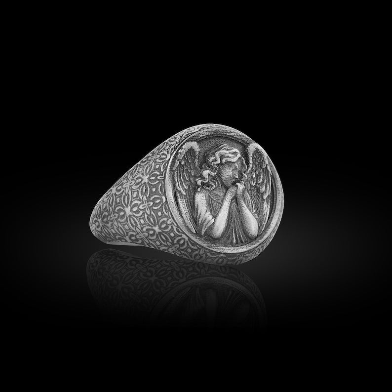 Guardian Angel Signet Ring | Oxidized 925 Sterling Silver Chevalier Band
