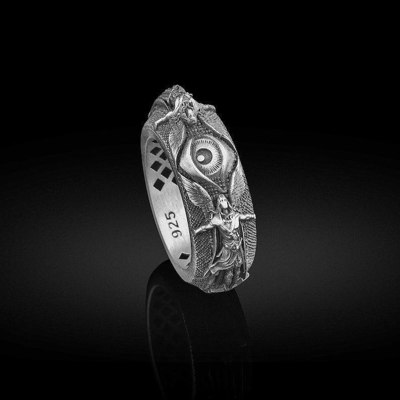 Archangel Michael Guardian Ring – 925 Sterling Silver Protection Band with All-Seeing Eye & Angelic Wings