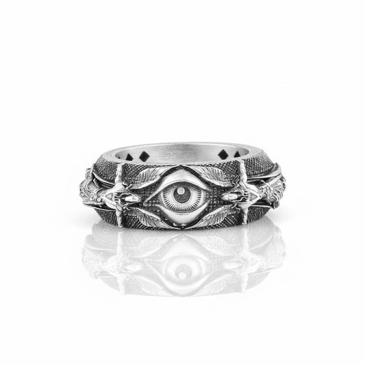 Archangel Michael Guardian Ring – 925 Sterling Silver Protection Band with All-Seeing Eye & Angelic Wings