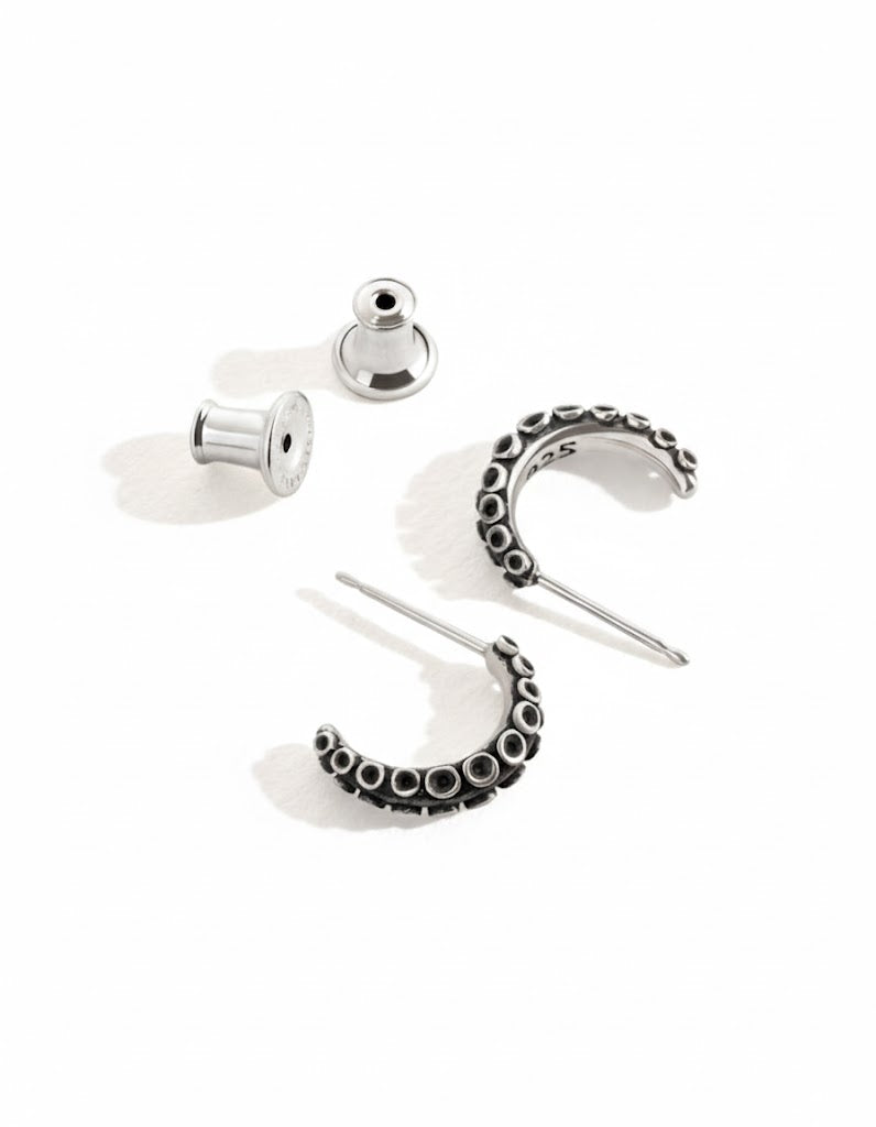 925 Sterling Silver Octopus Tentacle Hoop Earrings, Kraken Nautical Jewelry, Goth Punk Marine Studs, Unique Sea Life Gift for Her/Him