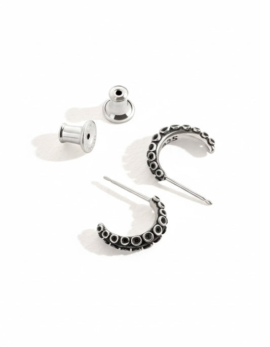 925 Sterling Silver Octopus Tentacle Hoop Earrings, Kraken Nautical Jewelry, Goth Punk Marine Studs, Unique Sea Life Gift for Her/Him